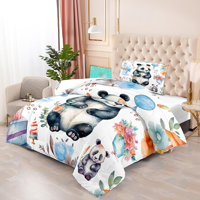 Panda Comforter Set Twin Size - Panda Bedding for Boys Girls Cute Panda Set Cartoon Pandas Print Comfort Twin Bedding Set for Kids Teens, 1 Comforter+1 Pillowcase - LeafyLoom