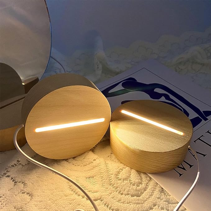 2Pcs 4" Round Wood LED Display Base, Warm Color Wooden Lighted Base Stand for Crystal Glass Resin Art, Acrylic and Plexiglass - LeafyLoom