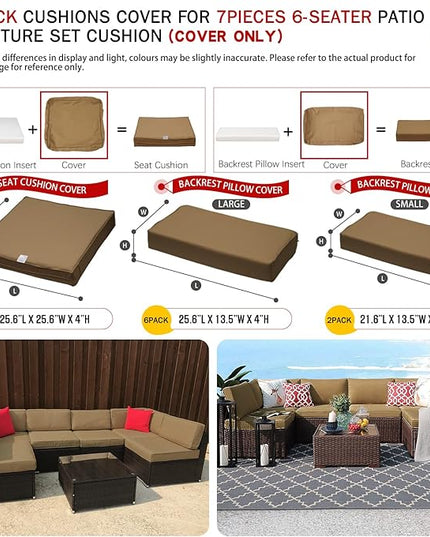 ClawsCover 14Pack Outdoor Patio Seat and Back Cushions Replacement Covers Fit for 7Pieces 6-Seater Wicker Rattan Sectional Couch Chair Furniture Set,Taupe-Include Cover Only (Large) - LeafyLoom