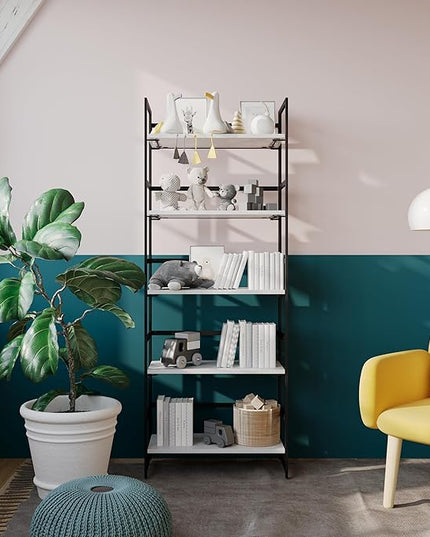 No-Assembly Folding Bookshelf Storage Shelves 5 Tiers Vintage Multifunctional Plant Flower Stand Storage Rack Shelves Bookcase for Home Office White&Black - LeafyLoom