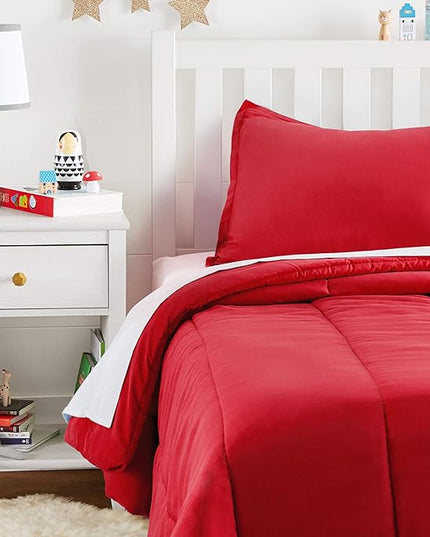 Amazon Basics 2 Piece Easy Wash Microfiber Kid's Comforter and Pillow Sham Set, Twin, Red, Solid - LeafyLoom