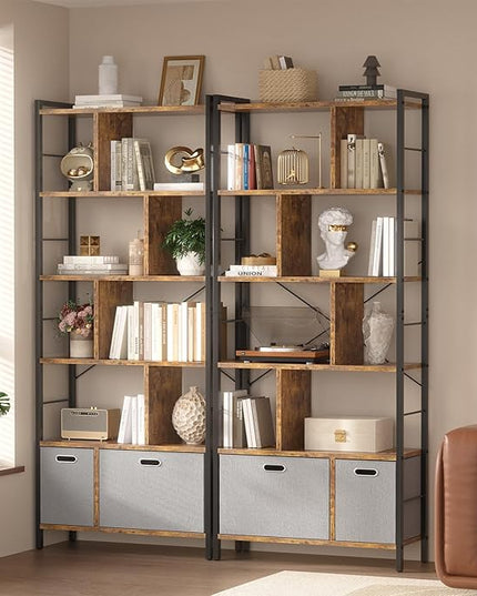 74 Inch Tall Bookshelf, 6 Tier Bookcase with Drawers, Modern Book Shelf Display Standing Shelf Units with Storage, Wood and Metal Bookshelves for Living Room, Bedroom, Home Office, Rustic Brown - LeafyLoom