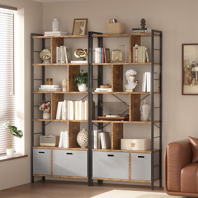 74 Inch Tall Bookshelf, 6 Tier Bookcase with Drawers, Modern Book Shelf Display Standing Shelf Units with Storage, Wood and Metal Bookshelves for Living Room, Bedroom, Home Office, Rustic Brown - LeafyLoom