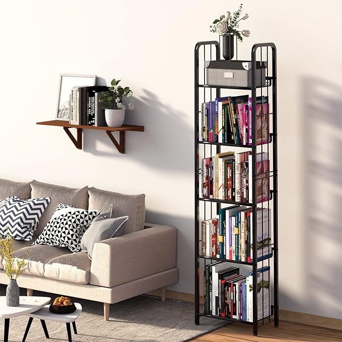 Bookshelf Storage Shelf Bookcase Freestanding Storage Stand for Living Room, Bedroom, Kitchen Rust Resistance Easy Assembly Free Combination Multi-Functional Organizer (5 Tiers, Black) - LeafyLoom