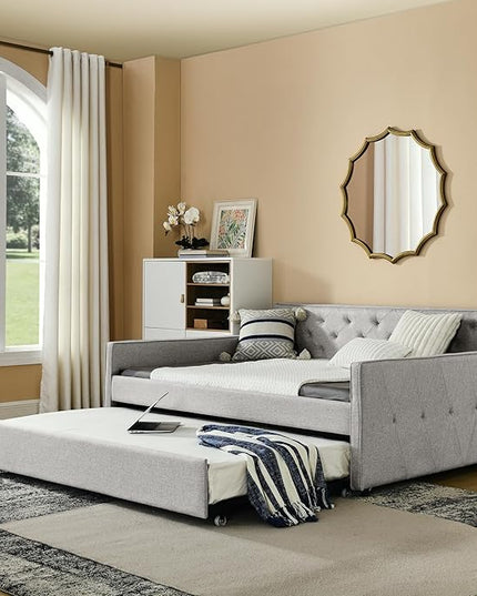 Full Size Upholstered Daybed with Twin Size Trundle, Tufted Sofa Bed w/Waved Shape Arms, for Bedroom Living Room, No Box Spring Needed & Space-Saving Design, Beige - LeafyLoom