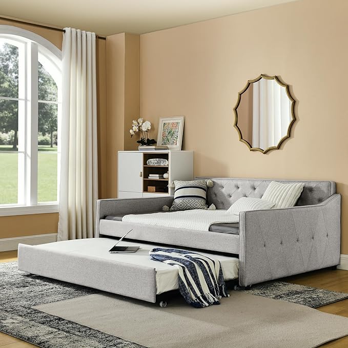 Full Size Upholstered Daybed with Twin Size Trundle, Tufted Sofa Bed w/Waved Shape Arms, for Bedroom Living Room, No Box Spring Needed & Space-Saving Design, Beige - LeafyLoom