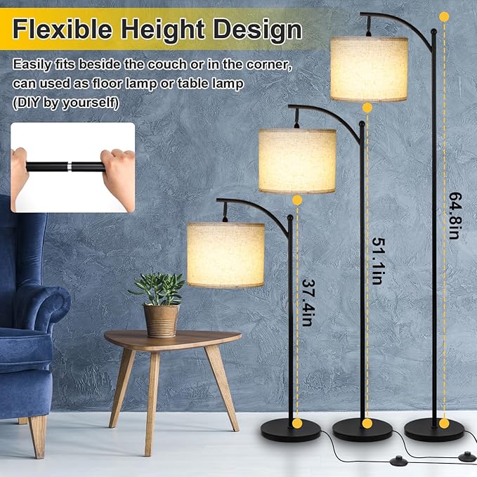 Modern Floor Lamp, 3-Ways Dimmable Standing Lamp with Linen Shade, Adjustable Height, Foot-Step Switch, Reading Lamp for Living Room, Bedroom, Office, 9W Bulb Included (Black) - LeafyLoom