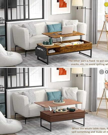 Aheaplus Lift Top Coffee Table with Storage, Wood Lifting Top Central Table Metal Frame, 43.3" Lift Tabletop Tea Table with Side Pouch, Cocktail Table Modern Pop up Adjustable Table for Living Room - LeafyLoom