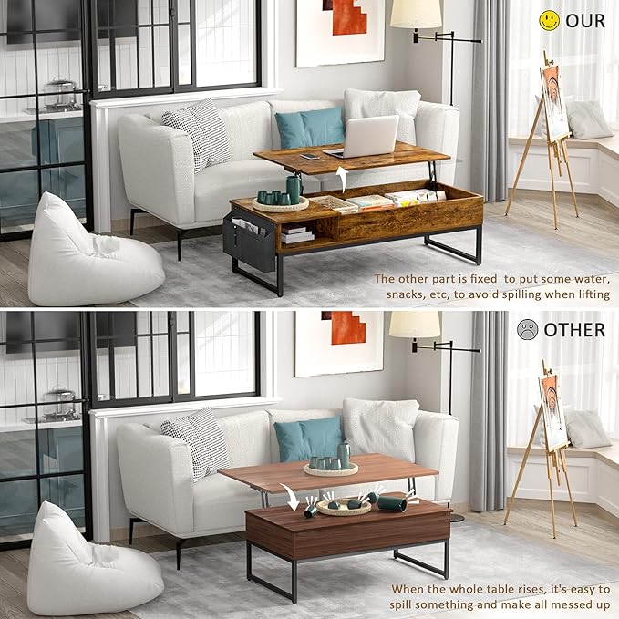 Aheaplus Lift Top Coffee Table with Storage, Wood Lifting Top Central Table Metal Frame, 43.3" Lift Tabletop Tea Table with Side Pouch, Cocktail Table Modern Pop up Adjustable Table for Living Room - LeafyLoom
