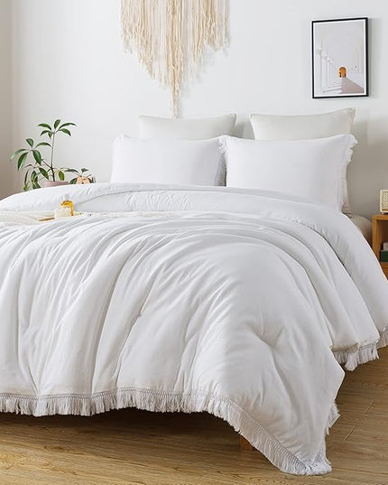 Andency White Comforter Set Twin Size, 2 Pieces Boho Lightweight Tassel Bedding Comforter Sets, All Season Soft Fluffy Fringe Bed Set (66x90In Comforter & 1 Pillowcase) - LeafyLoom