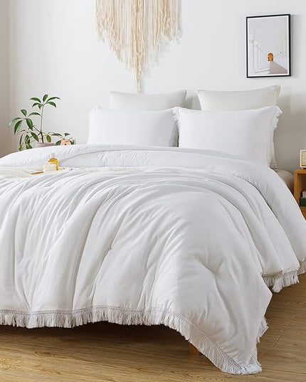Andency White Comforter Set Full, 3 Pieces Boho Lightweight Bedding Comforters & Sets, All Season Soft Fluffy Tassel Bed Set (79x90In Comforter & 2 Pillowcases) - LeafyLoom