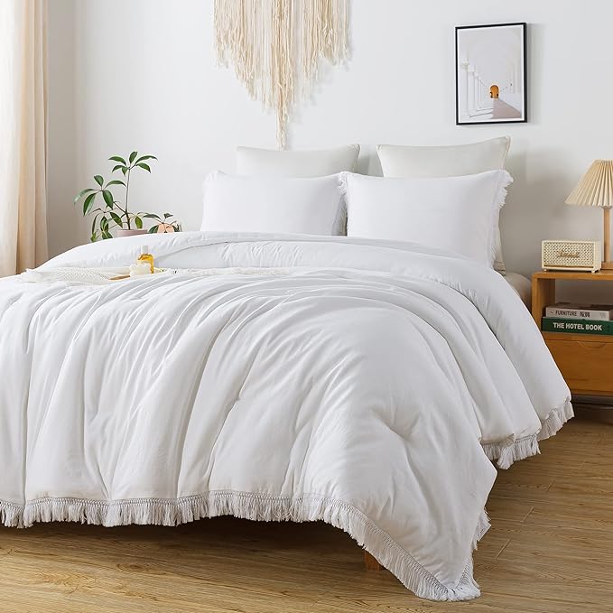 Andency White Comforter Set Full, 3 Pieces Boho Lightweight Bedding Comforters & Sets, All Season Soft Fluffy Tassel Bed Set (79x90In Comforter & 2 Pillowcases) - LeafyLoom