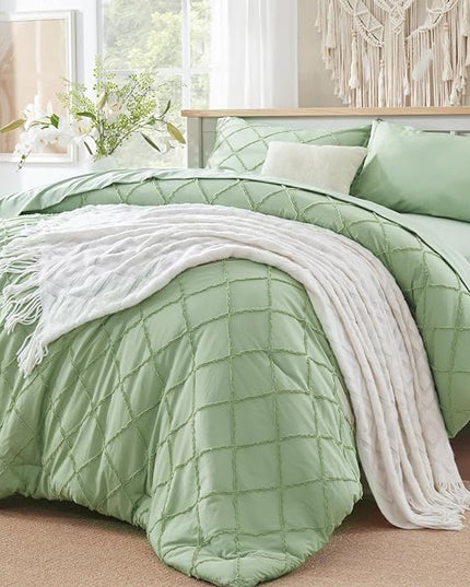 Boho Sage Green Comforter Set with Jacquard Tufted Design,Shabby Chic Bedding Sets for All Seasons,5 Pieces Twin Dorm Bed in a Bag Comforter,Flat Sheet,Fitted Sheet,Pillowcases & Shams - LeafyLoom