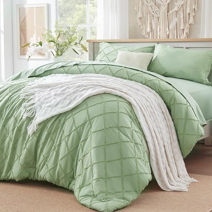Boho Sage Green Comforter Set with Jacquard Tufted Design,Shabby Chic Bedding Sets for All Seasons,5 Pieces Twin Dorm Bed in a Bag Comforter,Flat Sheet,Fitted Sheet,Pillowcases & Shams - LeafyLoom