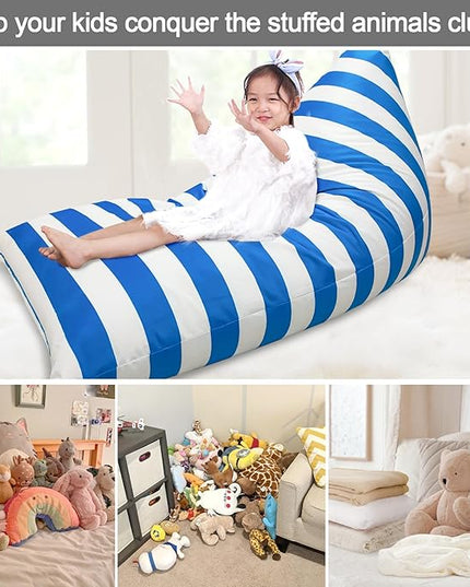 Jorbest Bean Bag Stuffed Animal Storage, Luxury Velvet Bean Bag Covers Only without Filling, Stuffed Animal Bean Bag Storage, Bean Bag Chair for Adults and Kids, (Stripe White Blue, 200L/52 Gal) - LeafyLoom