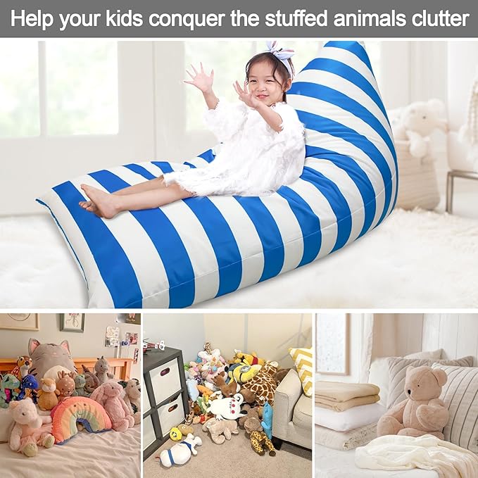Jorbest Bean Bag Stuffed Animal Storage, Luxury Velvet Bean Bag Covers Only without Filling, Stuffed Animal Bean Bag Storage, Bean Bag Chair for Adults and Kids, (Stripe White Blue, 200L/52 Gal) - LeafyLoom