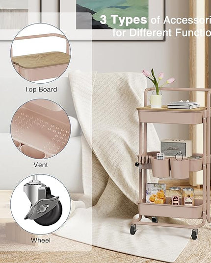 DTK 3 Tier Rolling Utility Cart with Cover Top Board, Movable Kitchen Storage Cart Trolley with Lockable Wheels, Cups, Hooks for Kitchen Bathroom Home Office Art Craft Storage and Organization(Pink) - LeafyLoom