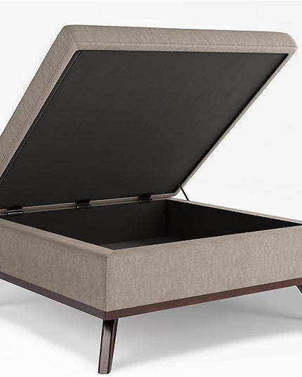 SIMPLIHOME Owen 36 Inch Wide Mid Century Modern Square Coffee Table Lift Top Storage Ottoman in Upholstered Natural Taupe Faux Leather, For the Living Room - LeafyLoom