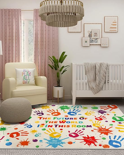 Colorful Kids Rug, Washable Rug for Kids, Handprints Area Rugs for Kids Bedroom, Non-Slip Play Mat Ultra Soft Thick Indoor Plush Rugs for Playroom Classroom Nursery Decor (59 X 39.4 INCH) - LeafyLoom