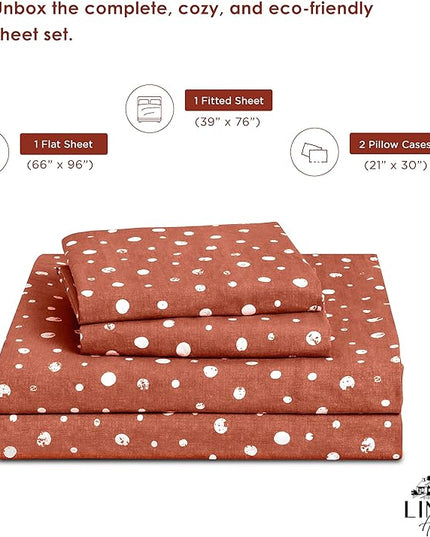 Linen Home Cotton Lyocell Blend Percale Printed Sheet Set, Pre-Washed & Shrunk, Cooling Bed Sheets, Twin Size, 3 Pieces - 1 Flat, 1 Deep Pocket Fitted Sheet, 1 Pillowcase, Polka Cedarwood - LeafyLoom
