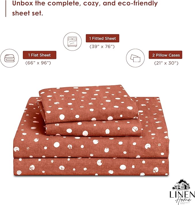 Linen Home Cotton Lyocell Blend Percale Printed Sheet Set, Pre-Washed & Shrunk, Cooling Bed Sheets, Twin Size, 3 Pieces - 1 Flat, 1 Deep Pocket Fitted Sheet, 1 Pillowcase, Polka Cedarwood - LeafyLoom