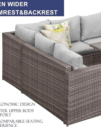 7-Pieces Furniture, PE Wicker Rattan Sets with Dining Ottomans, Patio Table and Chairs, Outdoor Sectional Sofa, Ec-Grey - LeafyLoom