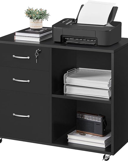 Yaheetech Black File Cabinet with Lock for Letter, A4 Size,3 Drawer Lateral Filing Cabinet Printer Stand with Open Storage Compartments,Mobile Filing Cabinet for Home Office, Black - LeafyLoom