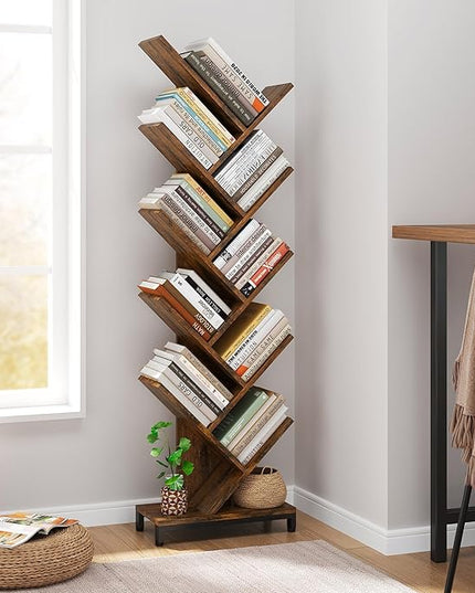 10 Shelf Tree Bookshelf, Floor Standing Wood Bookshelf for Books/Magazine/CDs/Movies, Modern Storage Rack Tree Bookcase, Utility Organizer Shelves for Narrow Space Home Office, Rustic Brown - LeafyLoom
