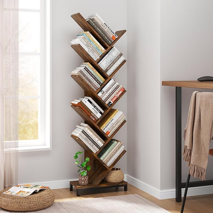 10 Shelf Tree Bookshelf, Floor Standing Wood Bookshelf for Books/Magazine/CDs/Movies, Modern Storage Rack Tree Bookcase, Utility Organizer Shelves for Narrow Space Home Office, Rustic Brown - LeafyLoom