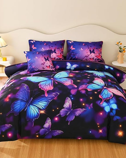 DORCAS Butterfly Comforter Sets for Girls,Full Size Butterfly Bedding Sets Girls,6 Pieces Girls Bedding Sets Full with Comforter Sheets for Teens Kids - LeafyLoom