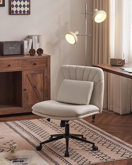 Criss Cross Chair Armless Office Chair Desk Chair with Wheels Pu Leather Cross Legged Office Chair, Wide Desk Chairs Computer Chair Swivel Vanity Chair with Lumbar Cushion for Home & Office - LeafyLoom