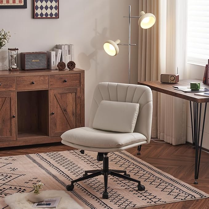 Criss Cross Chair Armless Office Chair Desk Chair with Wheels Pu Leather Cross Legged Office Chair, Wide Desk Chairs Computer Chair Swivel Vanity Chair with Lumbar Cushion for Home & Office - LeafyLoom