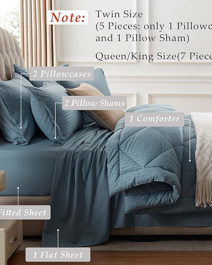 NexHome Blue Grey King Bed in a Bag 7-Pieces Comforter Sets with Comforter and Sheets Soft All Season Bedding Sets with Comforter, Pillow Shams, Flat Sheet, Fitted Sheet and Pillowcases - LeafyLoom