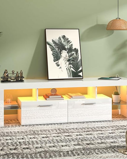 Clikuutory Modern LED White 67 inch TV Stand with Power Outlet and Large Storage for 40 50 55 60 65 70 75 Inch TVs, Wood TV Console with High Glossy Entertainment Center for Living Room, Bedroom - LeafyLoom