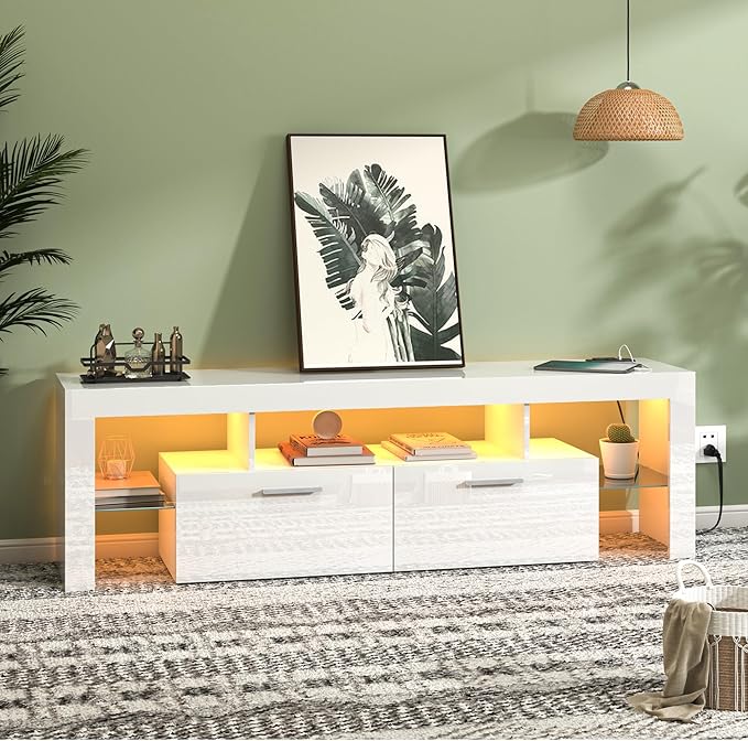 Clikuutory Modern LED White 67 inch TV Stand with Power Outlet and Large Storage for 40 50 55 60 65 70 75 Inch TVs, Wood TV Console with High Glossy Entertainment Center for Living Room, Bedroom - LeafyLoom