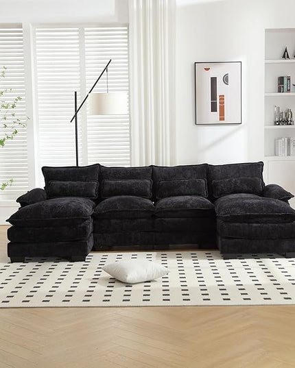 6 Seater Overstuffed Modular Sectional Sofa Cloud Couch with Double Chaise Lounge, U Shaped Chenille Upholstered Leisure Sofa&Couches with Memory Foam and Waist Pillows for Living Room Office - LeafyLoom
