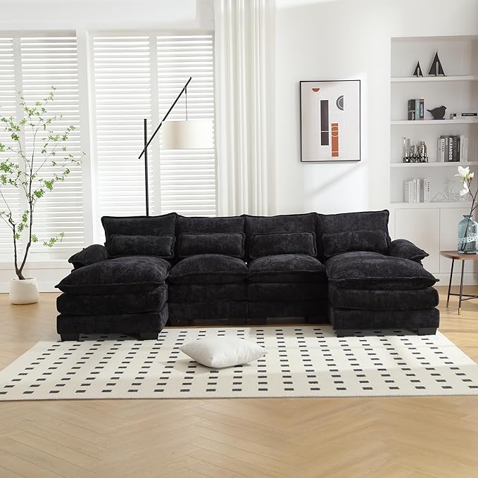 6 Seater Overstuffed Modular Sectional Sofa Cloud Couch with Double Chaise Lounge, U Shaped Chenille Upholstered Leisure Sofa&Couches with Memory Foam and Waist Pillows for Living Room Office - LeafyLoom