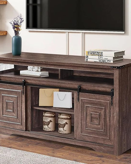 Zanzio 66" Farmhouse TV Stand for up to 75 inch TVs, Rustic Entertainment Center Media Console Table with Sliding Barn Doors Living Room Bedroom Wooden TV Cabinet (Rustic Brown) - LeafyLoom