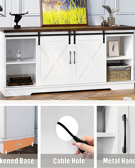 IDEALHOUSE Farmhouse TV Stand, Entertainment Center for 65 Inch TV Media Console Cabinet, White Barn Doors TV Stand with Storage and Shelves, Modern TV Console Table Furniture for Livingroom - LeafyLoom
