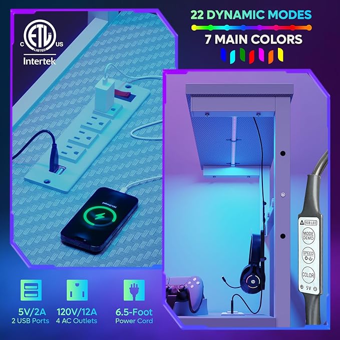 Bestier Gaming Desk with Power Outlets, 61 Inch Large Led Gamer Desk with 4 Tiers Reversible Shelves, PC Gaming Table with Headset Hook & Side Storage Bag for Bedroom (Grey 3D Carbon Fiber) - LeafyLoom