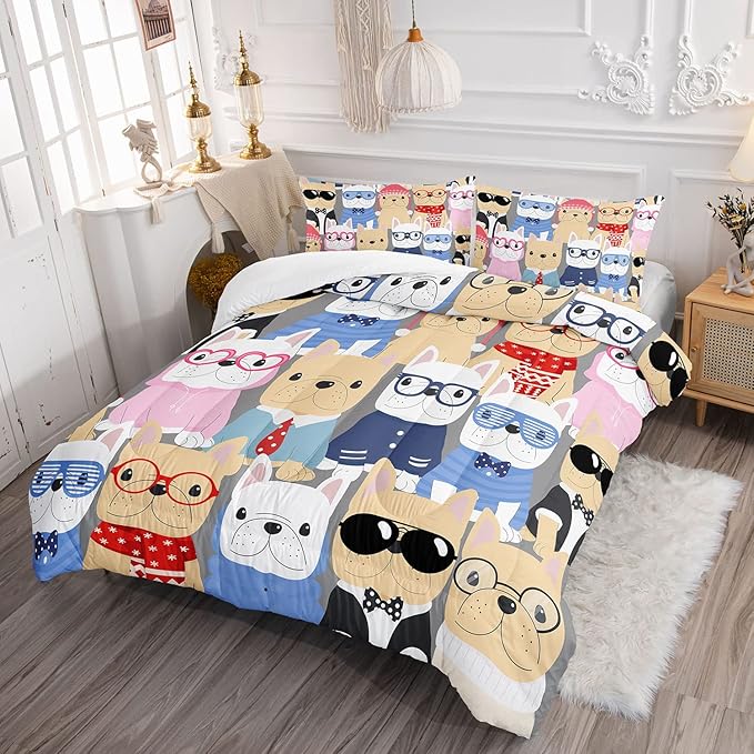 Datura home Dog Comforter Beddding Set for Kids Children,Puppy Pug Cute Dog Pattern Cartoon Career Pet Bedding Set with 1 Comforter and 2 Pillowcases(Dog Full) - LeafyLoom