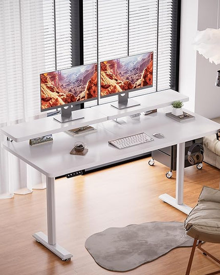 Electric Standing Desk with Monitor Shelf, 55 x 24 Inches Height Adjustable Corner Table, Computer Workstation with Cup Holder and Hook for Home Office, White, 55x24 Inch - LeafyLoom
