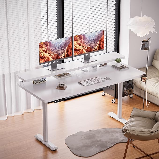 Electric Standing Desk with Monitor Shelf, 55 x 24 Inches Height Adjustable Corner Table, Computer Workstation with Cup Holder and Hook for Home Office, White, 55x24 Inch - LeafyLoom