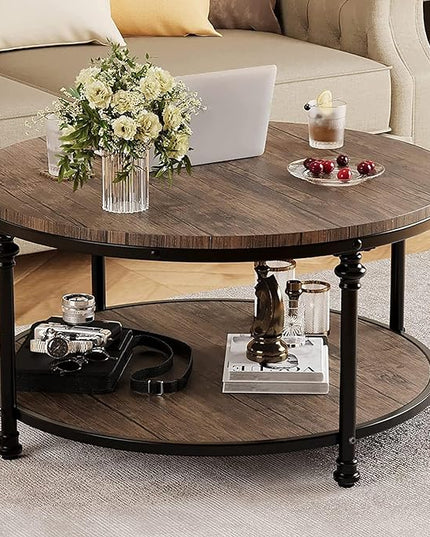 GAOMON Round Coffee Table Rustic Center Table with Storage Shelf 2-Tier Industrial Accent Center Table Wood Circle Coffee Table with Sturdy Metal Legs, Easy Assembly - LeafyLoom