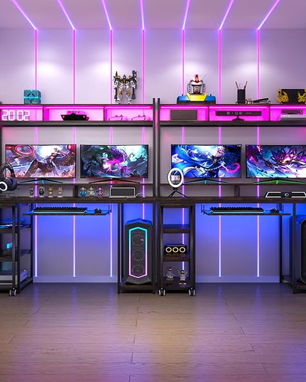 Lvifur RGB Gaming Desk with Wireless Charging Station,7 Dynamic & 24 Static Dimmable Computer Desk with Movable Table, 55'' Home Office Small Desk with Keyboard Tray,Monitor Stand,Display Stand - LeafyLoom