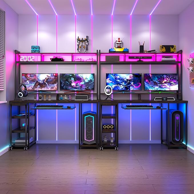 Lvifur RGB Gaming Desk with Wireless Charging Station,7 Dynamic & 24 Static Dimmable Computer Desk with Movable Table, 55'' Home Office Small Desk with Keyboard Tray,Monitor Stand,Display Stand - LeafyLoom