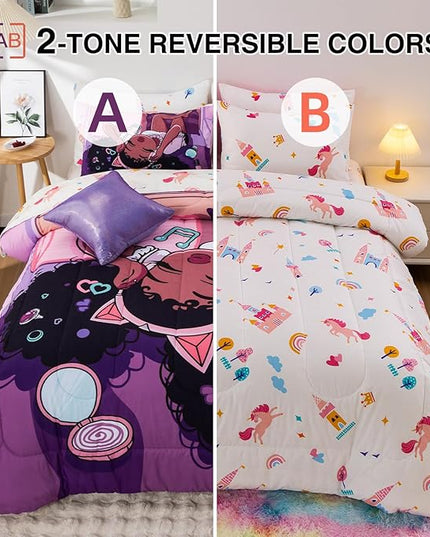 A Nice Night Purple Comforter Sets,Black Girl Listening Music Printed, 6Pcs Bed in A Bag Full Size All Seasons Bedding Set,for Kids, Girls - LeafyLoom