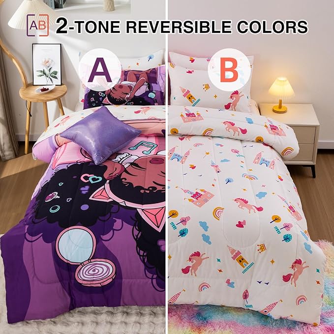 A Nice Night Purple Comforter Sets,Black Girl Listening Music Printed, 6Pcs Bed in A Bag Full Size All Seasons Bedding Set,for Kids, Girls - LeafyLoom