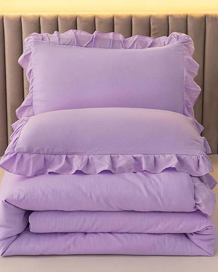Andency Lavender Twin Size Comforter(66x90Inch), 2 Pieces(1 Ruffle Comforter and 1 Pillowcase) Solid Farmhouse Shabby Chic Comforter, Lighteweight and Soft Microfiber Bedding Set - LeafyLoom