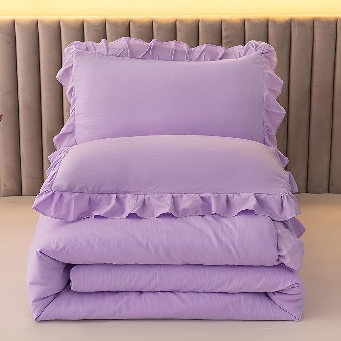 Andency Lavender Twin Size Comforter(66x90Inch), 2 Pieces(1 Ruffle Comforter and 1 Pillowcase) Solid Farmhouse Shabby Chic Comforter, Lighteweight and Soft Microfiber Bedding Set - LeafyLoom